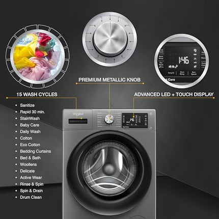 Whirlpool 8 Kg 5 Star Inverter Front Load Fully Automatic Washing Machine with In-Built Heater (XS8014BYM52E, MidNight Grey, Steam Technology, 100+ Tough Stains, 6th Sense Soft Move, 2024 Model) 