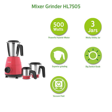 Philips Viva Collection Hd4928/01 2100-Watt Induction Cooktop (Black) & Philips Hl7505/02 500-Watt Mixer Grinder With 3 Jars (Red)- Dry Jar, Chutney And Wet Jar 