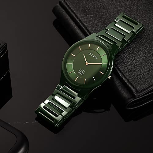 Titan Edge Ceramic Green Dial Analog Quartz Watch With Ceramic Strap For Men