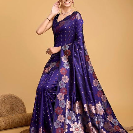 C J Enterprise Women's Banarasi Saree Pure Kanjivaram Silk Saree Soft Design Wear Pattu Sarees Latest Cotton With Blouse Piece Kanchipuram for Wedding sadi new ladies 2025 (Champa-51) (Navy Blue) 