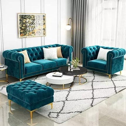 Sky Rise Decor Modern Classic 5 Seater Fabric & Valvet Tufted 3+1+1 Footrest Chesterfield Sofa Living Room and Office (Teal Green) 