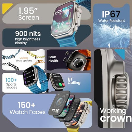 Boult Newly Launched Crown Smart Watch 1.95'' Display, Bluetooth Calling, Working Crown, Zinc Alloy Frame, 900 Nits Brightness, AI Voice Assistant, SpO2 Monitoring, 100+ Sports Mode (Orange) 