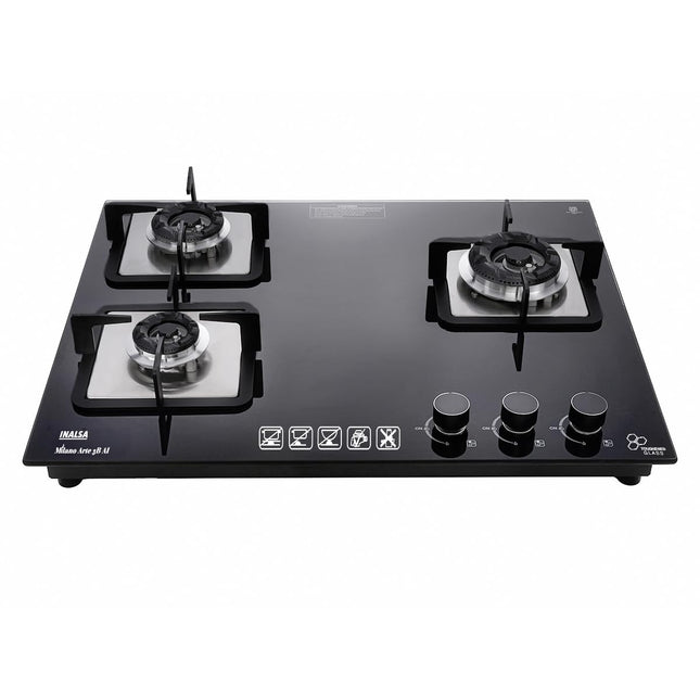 INASLA Premium 3 Burner ≈70cm Gas Stove|5Yr Warranty on Glass & 2Yr on Burner|8MM Toughened Glass|Auto Ignition|Jumbo Brass Burner|LPG Ready &PNG Compatible|360° Gas Nozzle|Milano Arte3B 