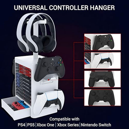 Ant Esports Multifunctional Universal Game Disc Storage Tower, Game Disk Rack Controller Holder Headset Stand Video Games Accessories organiser for PS4/5, Xbox One Xbox Series, Nintendo Switch – White 