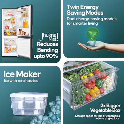 Haier 237L 3 Star Frost Free Bottom Mount Double Door Refrigerator|8 In 1 Convertible Modes|Jhukna Mat-Bottom Freezer|Twin Inverter|200% Faster Ice Making in 49 Minutes (HEB-243GB-P, GE Black) 