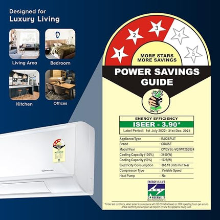 Cruise 1 Ton 3 Star Inverter Split AC with 7-Stage Air Filtration (100% Copper, Convertible 4-in-1, PM 2.5 Filter, CWCVBL-VQ1W123, White) 