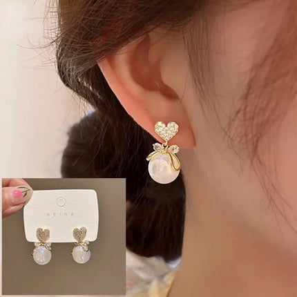 DZOIR Heart Shaped Pave Cubic Zirconia Earrings with Opalescent Bead Drop | Rose Gold Plated Pearl Stud Earrings | Cute Korean-Inspired Jewelry for Women & Girls