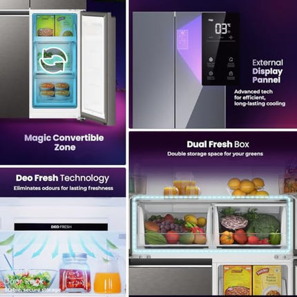 Haier 520L 3 Star Lumiere French Door 4-Door Side by Side Frost Free Refrigerator | Convertible Magic Zone | Inverter | Digital Display Panel | Deo Fresh Technology (HRB-600IS, Inox Steel) 