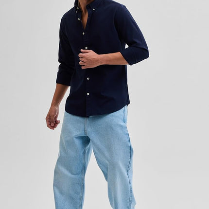 SNITCH Navy Slim Fit Solid Oxford Shirts 