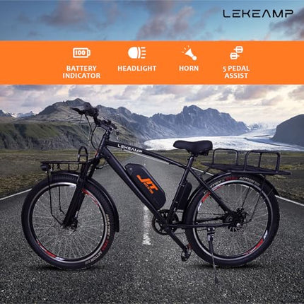 Lekeamp JIT Electric Bike | 26" Tyres | 25 km/h Top Speed | 5-Level Pedal Assist | Disc Brakes | 10.4Ah NMC Detachable Battery | 250W Motor | Spring Front Suspension | Black Box Carrier 