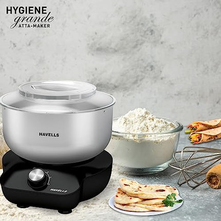 Havells Hygiene Grande Atta Kneader Dough Maker with 5L SS Bowl, Up to 1 KG Dough Maker, 4 Speed, Aluminium Dough Hook, Transparent Anti Splatter Lid with Lock, Hands Free Operation, 2 Yr Warranty 