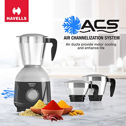 Havells MIXWELL 500 W 3 Jar Mixer Grinder, 304 SS Blades I High Speed 21000 RPM Motor, Heavy and Wider mouth SS Jars, All Jars with Handle (Black and Grey) 