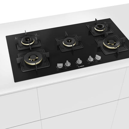 Bosch Built in Gas Hob Black Tempered glass Glass 5 Burner Auto Ignition 90 cm True Brass 2D Ring Burners with Glossy Black Heat Shields & Enameld pan supports (PNV9B6F10I) 