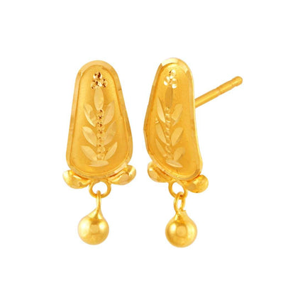 P.C. Chandra Jewellers 22KT (916) Yellow Gold Dangle Stud Earrings For Women & Girls With Fine Leaf Engraving And Ball Drop - 0.98 Grams 