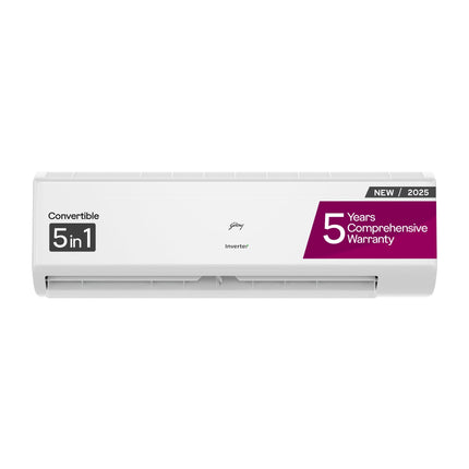 Godrej 1.5 Ton 5 Star, 5 Years Comprehensive Warranty, 5-In-1 Convertible Cooling, Inverter Split AC (Copper, 2025 Model, Heavy duty cooling at 52 °C, AC 1.5T EI 18II5T WZS Split 5S, White) 
