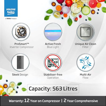 Voltas Beko, A Tata Product 563 L Side by Side Frost Free Refrigerator with ProSmart Inverter Compressor (RSB585/FPV300RXID, INOX steel, Active Fresh Blue Light) 