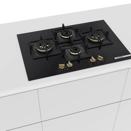 Bosch Built in Gas Hob Black Tempered glass Glass 4 Burner Auto Ignition 75 cm Full Brass 3D Ring Burners with Matt Black Heat Shields & Cast Iron pan supports (PNI7B6G20I) 