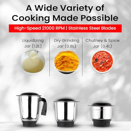 INALSA Mixer Grinder|500W Powerful Motor|High RPM 21000 for Finer Grinding Result|3 Stainless Steel Jars (1.2 L,0.8 L,0.4 L)|Leak-Proof Lid|3 Speed Control & Pulse Function|2 Year Warranty|Jazz Bold 