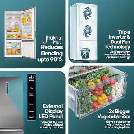 Haier SmartChoice 445 L 2 Star Frost Free Bottom Mount Double Door Refrigerator | Convertible 14-in-1 | Jhukna Mat-Bottom Freezer | Digital Display Panel | Triple Inverter (HEB-452TS-P, Inox Steel) 