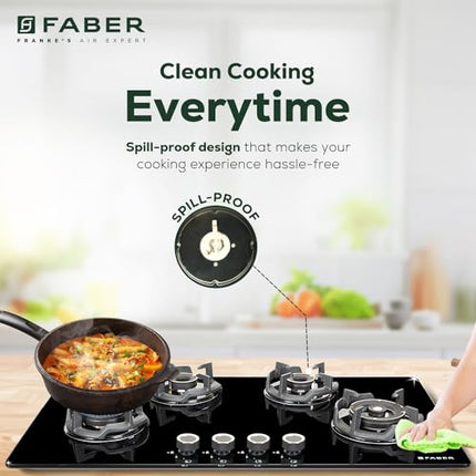 Faber 90Cm 4 Burner HOB|Auto Ignition|Built-In Or Hobtop|Flame Failure Device|Cast Iron Pan Support|Glass Matt Finish|Metal Knobs|Warranty 5 Years On Glass & Valves|HOB EXPERIA HT904 ALU AI FFD,Black 