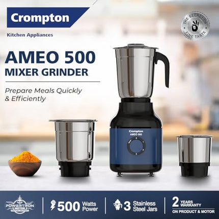 Crompton Ameo 500W Mixer Grinder with Powertron Motor & Motor Vent-X Technology, Robust design (3 Stainless Steel Jars, Blue and Black) 