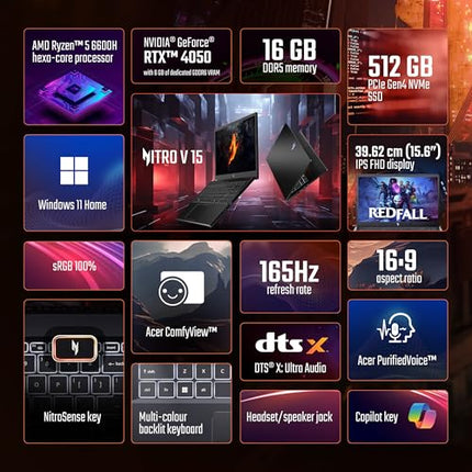 Acer Nitro V 15, AMD Ryzen 5 6600H Hexa-core Processor,NVIDIA GeForce RTX 4050-6GB GDDR6,16 GB, 512 GB, Full HD IPS, 15.6"/39.62 cm, 165 Hz, Win 11 Home,Obsidian Black, 2.1 kg, ANV15-41,Gaming Laptop 
