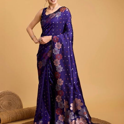 C J Enterprise Women's Banarasi Saree Pure Kanjivaram Silk Saree Soft Design Wear Pattu Sarees Latest Cotton With Blouse Piece Kanchipuram for Wedding sadi new ladies 2025 (Champa-51) (Navy Blue) 
