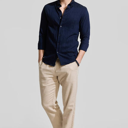 Snitch Men Cotton Blend Slim Fit Navy Casual Textured Shirts, 2XL 