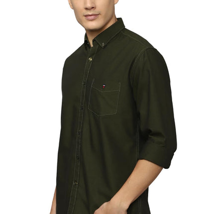 Louis Philippe Men's Solid Slim Fit Shirt (LYSFCSLB081696_Olive 