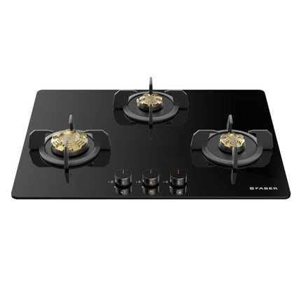 Faber 3 Burner 70cm Hob |Auto-Ignition| HOB PRIME HT703 CRS BR CI AI |Metal Knobs| Cast Iron Pan Support |Hob/Cooktop Hybrid| Black Glass Finish |5 Yr Warranty on Glass,Valve & 2 Yr on Burner by Faber 