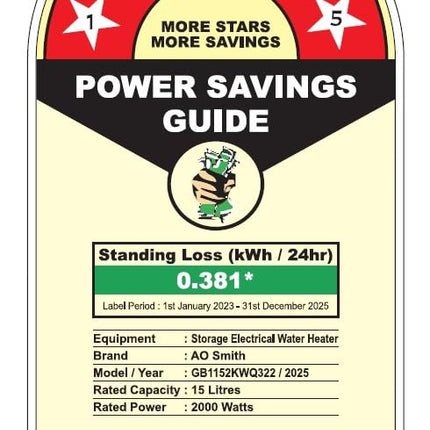 AO Smith Geyser 15 Ltr With 5 Star BEE Rating, Vertical Water Heater | Geyser 15+ Litre For High Rise Building | 7 Year Tank Warranty, 2 Year Comprehensive Warranty | SDS-GREEN-015 