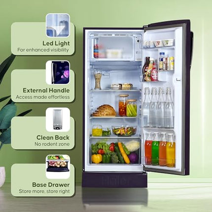 Haier 205L 5Star Direct Cool Single Door Refrigerator | Inverter Compressor | Wide Freezer Space | Bigger Ice Tray | Longer Cooling Retention | Easy Clean Back (HED-215MRB-N, Marine Rose, Base Stand) 