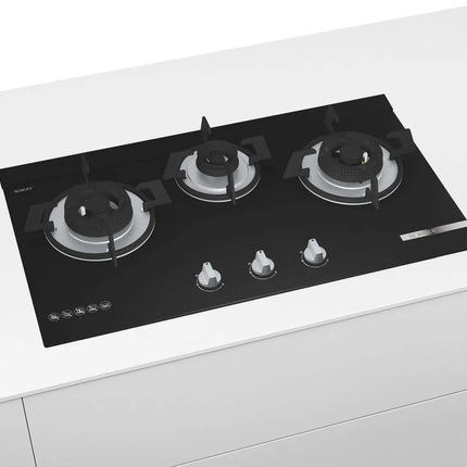 Bosch Built in Gas Hob Black Tempered glass Glass 3 Burner Auto Ignition 70 cm 2 Mini Triple Ring Brass Burner and 1 Double Ring Brass (PMD83D31NX) 