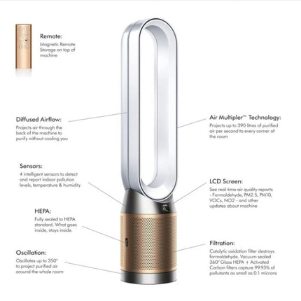 dyson TP09 Purifier Cool™ Formaldehyde Tower Fan, Purifier, 40 W, HEPA H13, BT 4.0, WiFi, Gold 