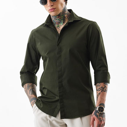 SNITCH Men's Casual Shirt | Slim Fit Full Sleeve Classic Collar Solid Pattern | Premium Cotton Blend & Breathable Fabric for Everyday & Semi-Formal Wear | Dark Green 