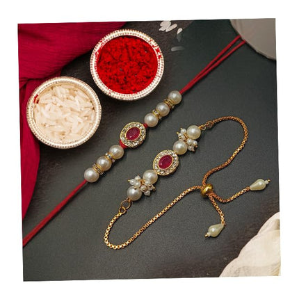 CraftVatika Rakhi Combo Set for Brother and Bhabhi Premium Lumba Floral Rakhi Kundan Bracelet for Bhaiya Men Bhabhi Women Raksha Bandhan Couple Pearl Set of 2 for Unisex Adult 