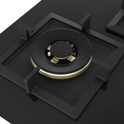 Bosch Built in Gas Hob Black Tempered glass Glass 4 Burner Auto Ignition 90 cm True Brass 2D Ring Burners with Matt Black Heat Shields & Cast Iron pan supports (PNF9B6F20I) 