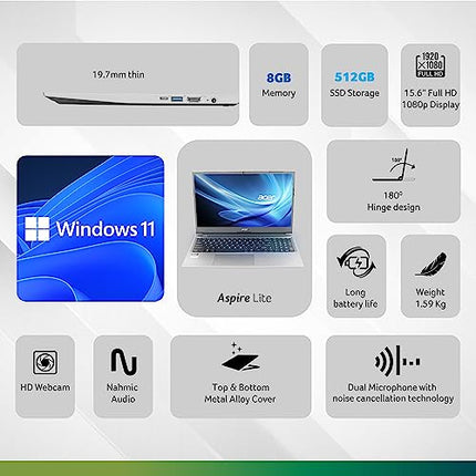 Acer Aspire 3 12th Gen Intel Core i3-1215U Premium Laptop (8GB RAM/512GB SSD/Windows 11 Home) A325-51,15.6" Full HD IPS Display, 54Whr Battery, Silver, 1.69 Kg 