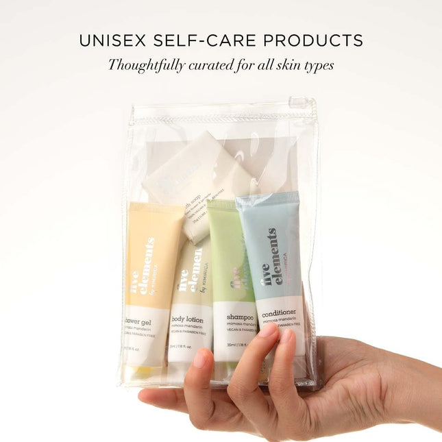 Kimirica Travel Kit Bath set Five Elements Luxury Bath and Body Care Travel pouch| 6 in 1 self-care travel kit with a reusable pouch 100% Vegan 