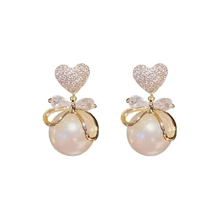 DZOIR Heart Shaped Pave Cubic Zirconia Earrings with Opalescent Bead Drop | Rose Gold Plated Pearl Stud Earrings | Cute Korean-Inspired Jewelry for Women & Girls