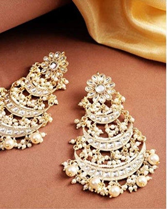 I Jewels 18k Gold Plated 3 Layered Beaded Chandbali Earrings with Kundan and Pearl Work for Women (E2859) 