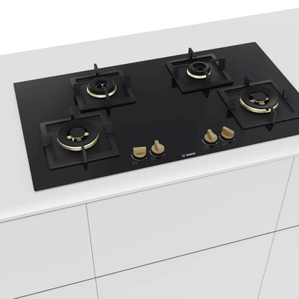 Bosch Built in Gas Hob Black Tempered glass Glass 4 Burner Auto Ignition 90 cm True Brass 2D Ring Burners with Matt Black Heat Shields & Cast Iron pan supports (PNF9B6F20I) 