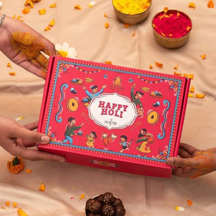 EAT BETTER CO - 6 Item Holi Gift Hamper with Gulaal, Chocolate Coated Nuts, Dry Fruit Laddoos & Chatpata Healthy Millet Namkeen 