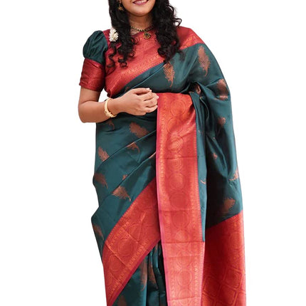 SGF11 Women's Kanjivaram Soft Lichi Silk Saree With Blouse Piece (Rama Green) 