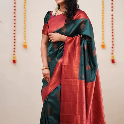 SGF11 Women's Kanjivaram Soft Lichi Silk Saree With Blouse Piece (Rama Green) 