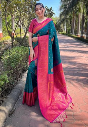 SGF11 Women's Kanjivaram Paithani soft silk Sarees With Unstitched Blouse Piece (Rama Green) 
