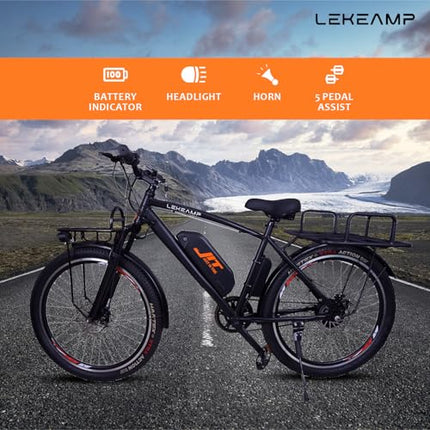 Lekeamp JIT Electric Bike | 26" Tyres | 25 km/h Top Speed | 5-Level Pedal Assist | Disc Brakes | 10.4Ah NMC Detachable Battery | 250W Motor | Spring Front Suspension | Black Box Carrier 
