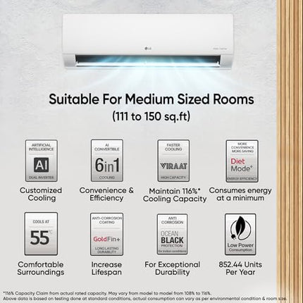 LG 1.5 Ton 3 Star DUAL Inverter Split AC (Copper, AI Convertible 6-in-1, VIRAAT Mode, Diet Mode+, Faster Cooling & Energy Saving, HD Filter with Anti-Virus Protection, US-Q18JNXE, White) 