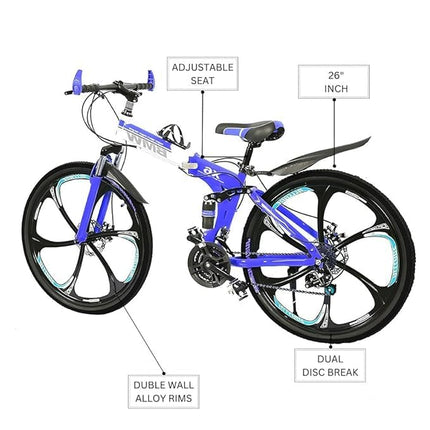 Amaze Kai Dual Suspension Bikes Latest Bmv Foldable Gear Cycle for Men with 21 Speed Gear 6 Spoke | Folding Mountain Bike with Double Disc Break & Mac Wheel, 26 Inch, (Blue) 