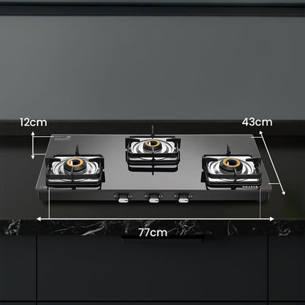 Sujata Classic Auto Ignition Gas Stove | 9 Years Warranty | 3 Burner Gas Stove Glass Top, Stove 3 Burner, SABAF, ISI Certified, LPG & PNG Compatible, Jumbo Brass Burner (Black) 